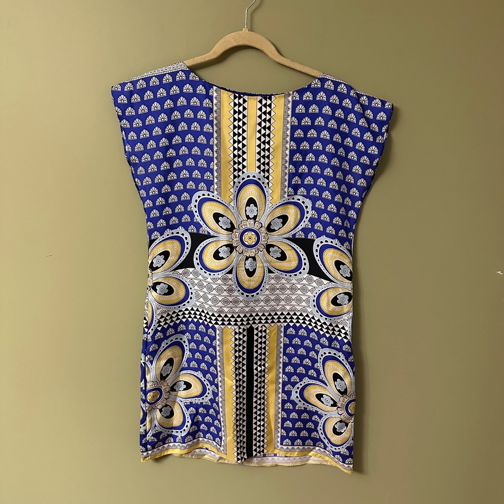 Collette by‎ Collette Dinnagan Sz XS Silk Mini Dress Blue Yellow Floral